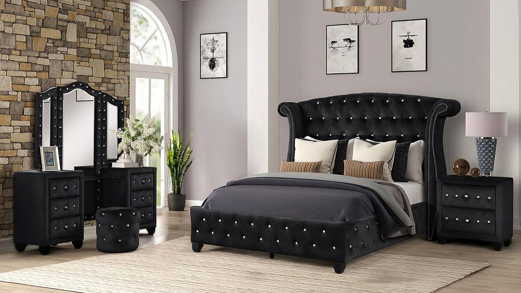 King 4 Pc Vanity Upholstery Bedroom Set Made with Wood in Black