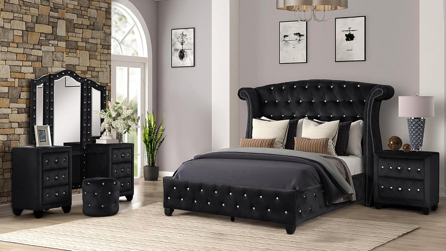 King 4 Pc Vanity Upholstery Bedroom Set Made with Wood in Black