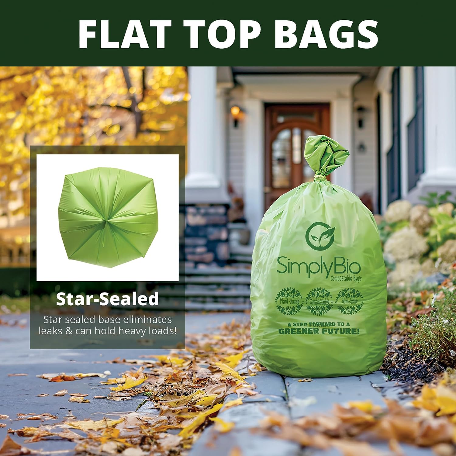 Simply Bio 64 Gallon Compostable Trash Bags Liners Flat-Top, Heavy Duty Extra Thick 1.57 Mil, 227.12 Liter, 60 Bags, Lawn, Yard, and Restaurant Use, ASTM D6400, US BPI, OK Compost Home Certified