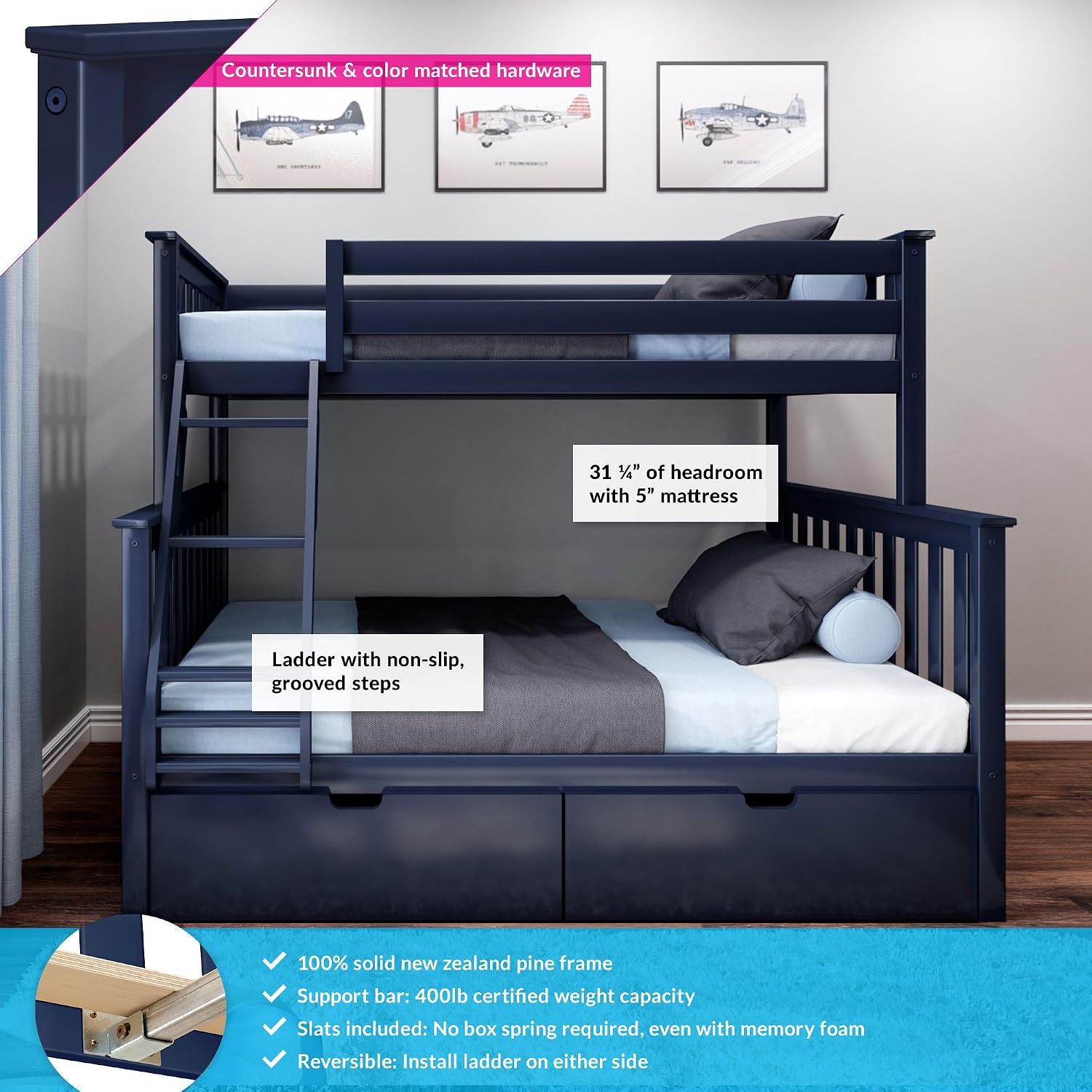 Max & Lily Classic Twin Over Full Bunk Bed, with Storage Drawers, Blue