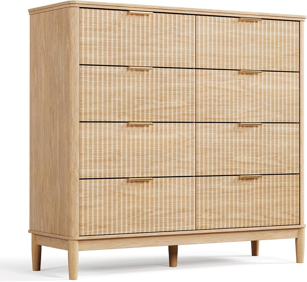LINSY HOME Fluted Dresser for Bedroom with 8 Drawers, 47' Wide Mid Century Modern Dressers, Tall Boho Chest of Drawers, Large Wood Accent Storage Cabinet for Living Room, Curved Profile Design, Oak