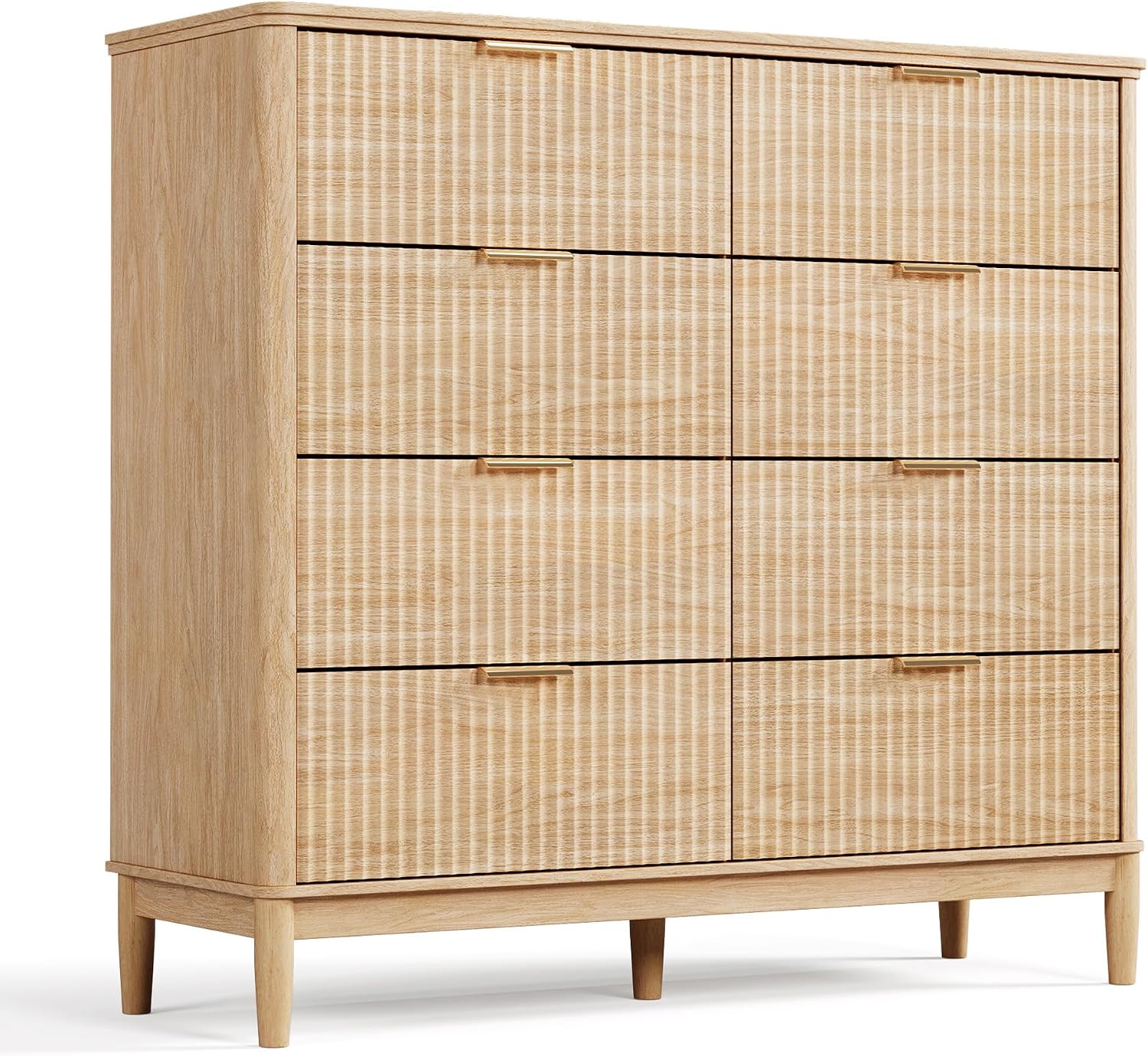 LINSY HOME Fluted Dresser for Bedroom with 8 Drawers, 47' Wide Mid Century Modern Dressers, Tall Boho Chest of Drawers, Large Wood Accent Storage Cabinet for Living Room, Curved Profile Design, Oak