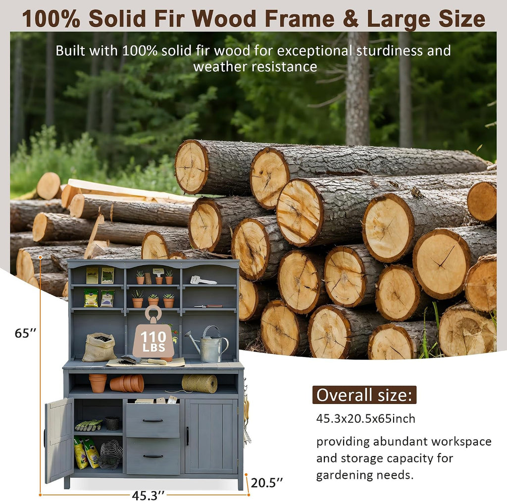 Polibi Large Fir Wood Potting Bench 45.3' Outdoor Patio Kitchen Island with Hutch, Cabinets, Drawers & Hooks, Multi-Functional Gardening Workbench for Grill, Gray
