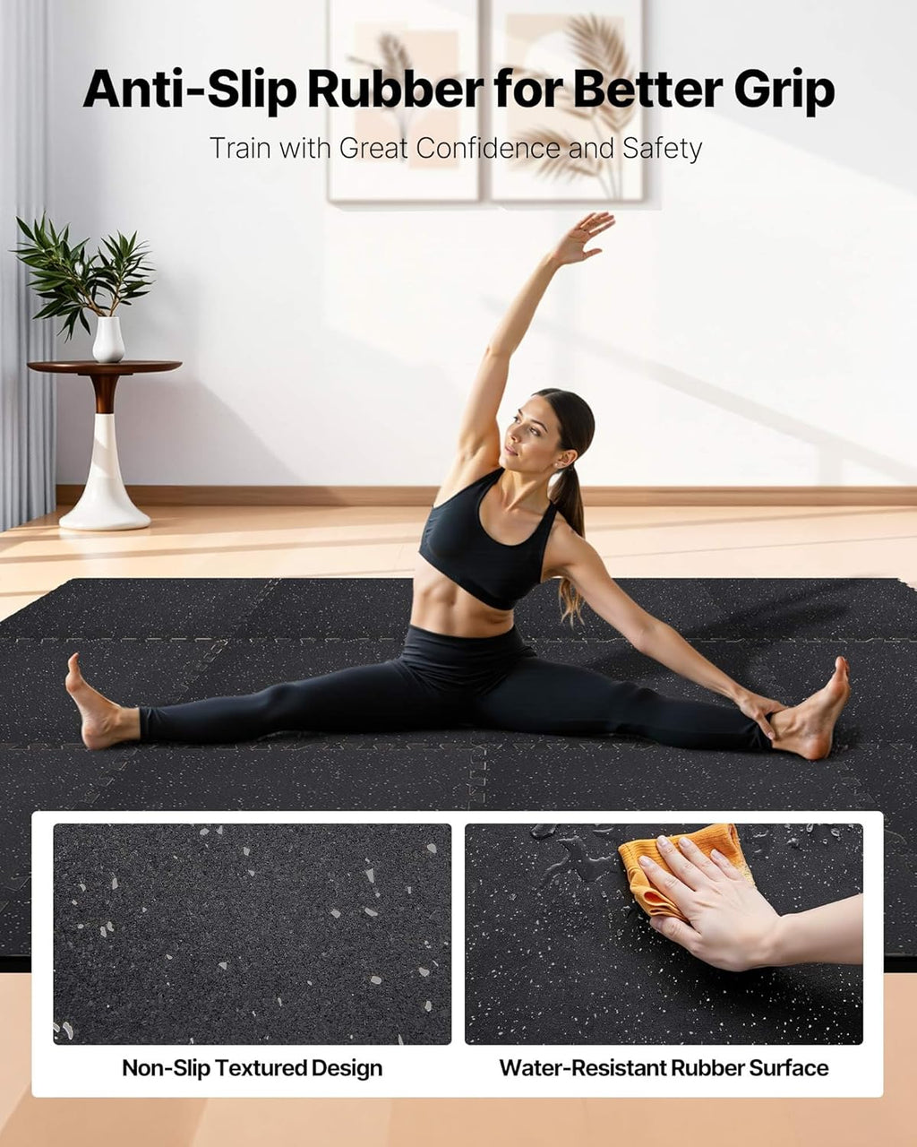 VEVOR 0.79Inch 48sq.ft 12 Tiles Gym Flooring for Home Gym, Rubber Top with High Density EVA Foam, 24 x 24In Gym Floor Exercise Equipment Mats, Interlocking Gym Mats, Puzzle Workout Mats, Black & Gray