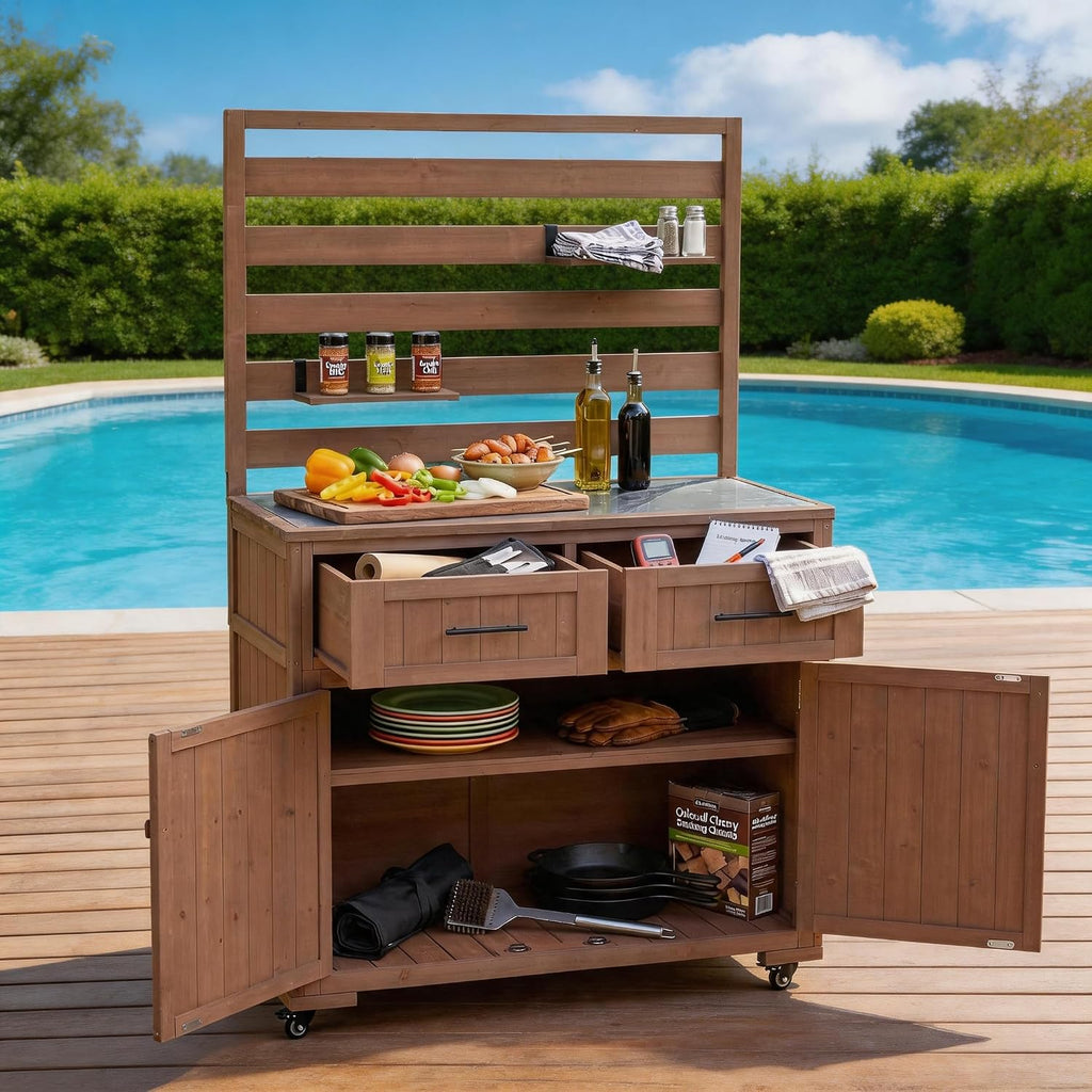 Outdoor Potting Bench with Storage Shelf and Cabinet, 65 in | Fir wood, 3-tier shelves, storage compartments, enclosed cabinet, anti-fall devices, garden, 47.2 W x 22.8 D x 65 H in