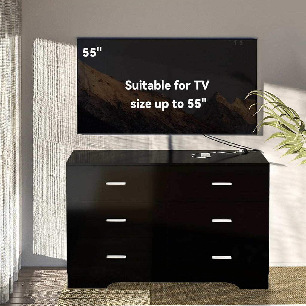 FJTJBSI Dresser with Power Outlets Wooden 6 Drawer Dresser with USB and Type C Port Chest of Drawers for Bedroom Tall Black Organizer Storage for Living Room Hallway Closet
