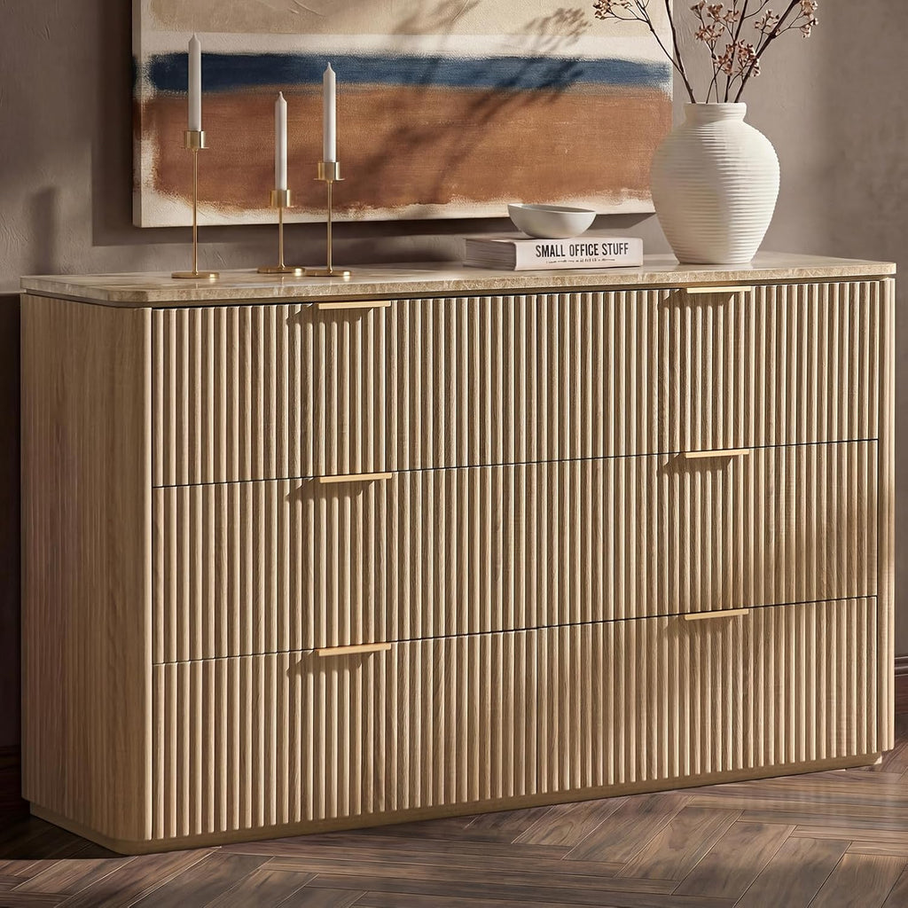 Dresser for Bedroom with 6 Drawers, 54'W Chest of Drawers, Fluted Dresser with Faux Marble Top, Curved Profile Design, Metal Handle, Wood Closet Storage Organizer for Living Room, Hallway, Natural Oak