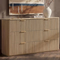 Dresser for Bedroom with 6 Drawers, 54'W Chest of Drawers, Fluted Dresser with Faux Marble Top, Curved Profile Design, Metal Handle, Wood Closet Storage Organizer for Living Room, Hallway, Natural Oak