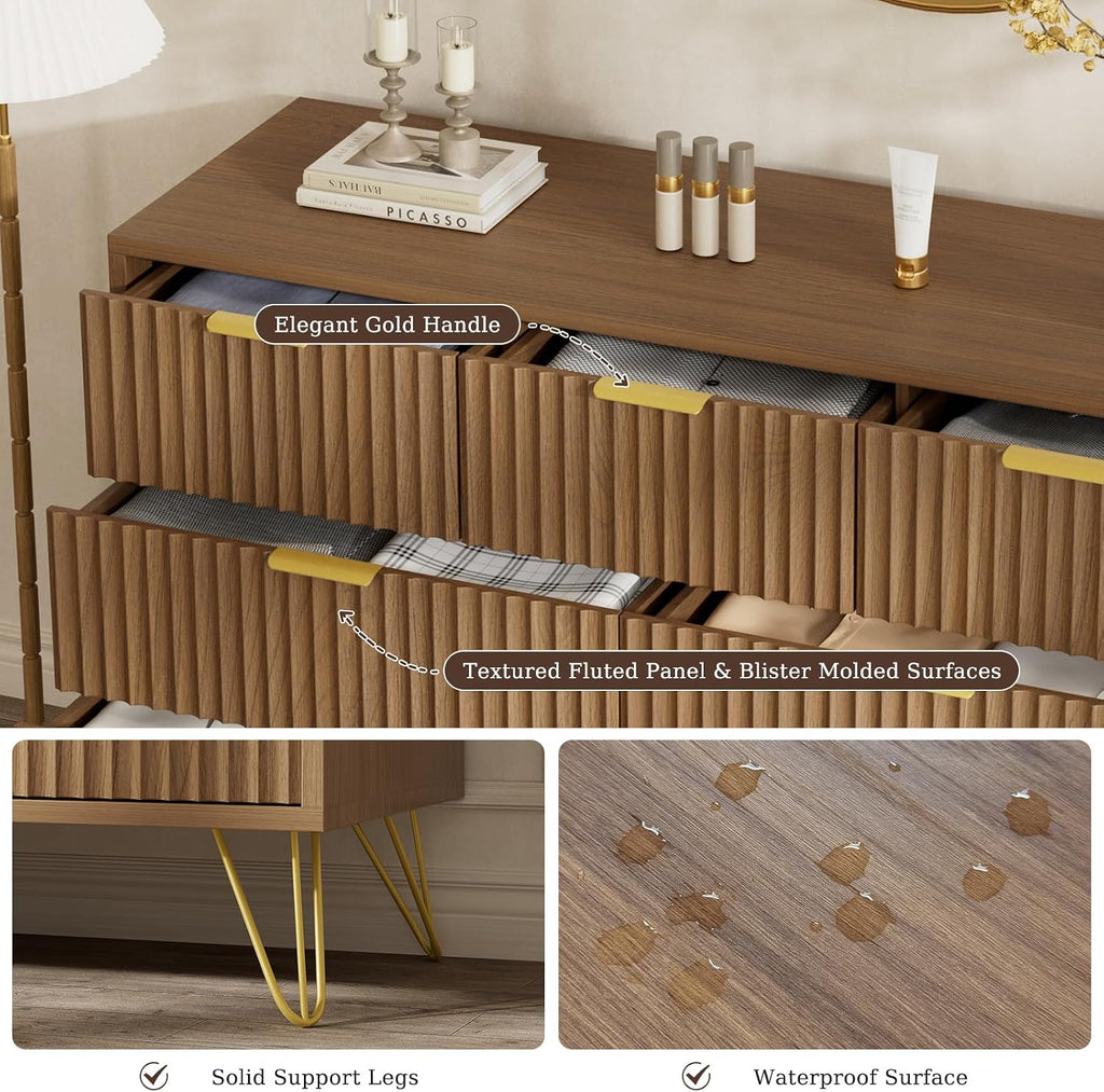 LYNSOM Fluted Dresser for Bedroom, Walnut 7 Drawer Dresser with Gold Handles and Wide Drawers, Wood Chest of Drawers for Bedroom, Hallway(Walnut)