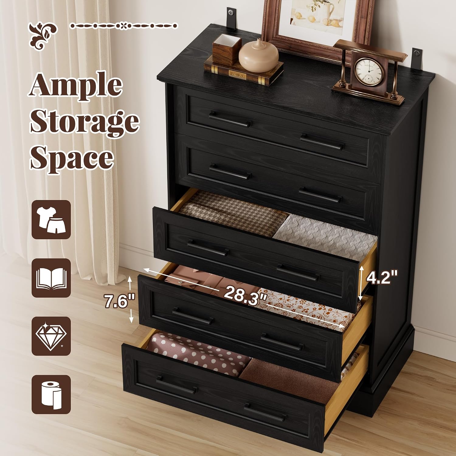 Furmax Farmhouse Dresser for Bedroom, 5 Drawers Dresser, Wood Chest of Drawers, 31.5' Wide Storage Dressers Organizer for Bedroom, Living Room (Black)