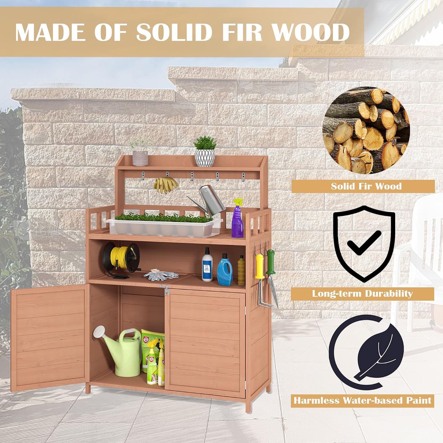Outdoor Potting Bench with Large Storage Cabinet & Top Shelf - Solid Fir Wood Garden Planting Workstation for Patio, Garden, and Outdoor Activities