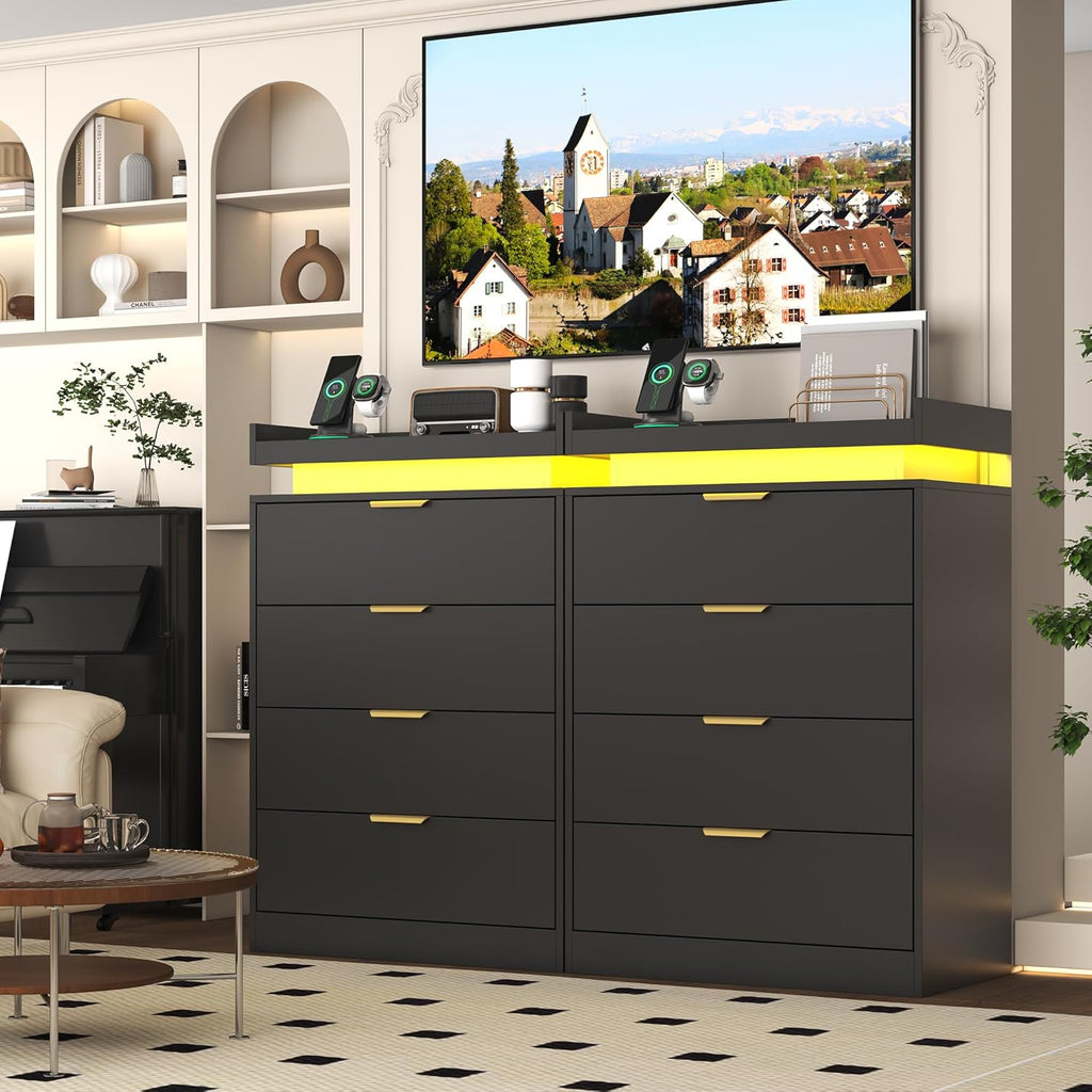 knoworld Black Dresser with LED Lights, Wooden LED Dresser, 4 Drawer Chest with Charging Station, Tall Chest of Drawer Closet Organizer for Bedroom, Living Room, Entryway, Hallway