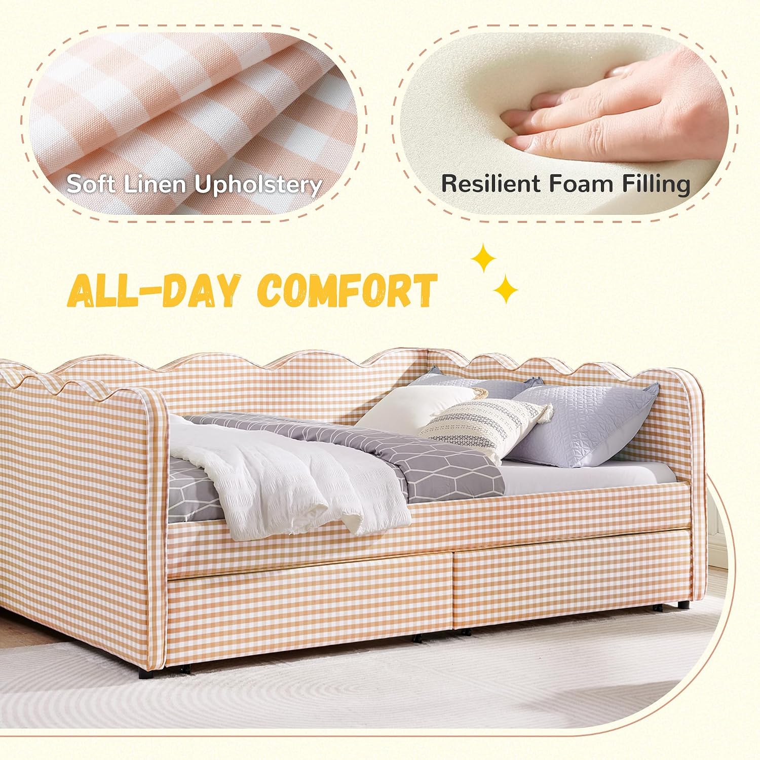 DEINPPA Queen Size Upholstered Daybed with 2 Storage Drawers, Gingham Daybed with USB Ports for Bedroom Living Room Guest Room-Pink