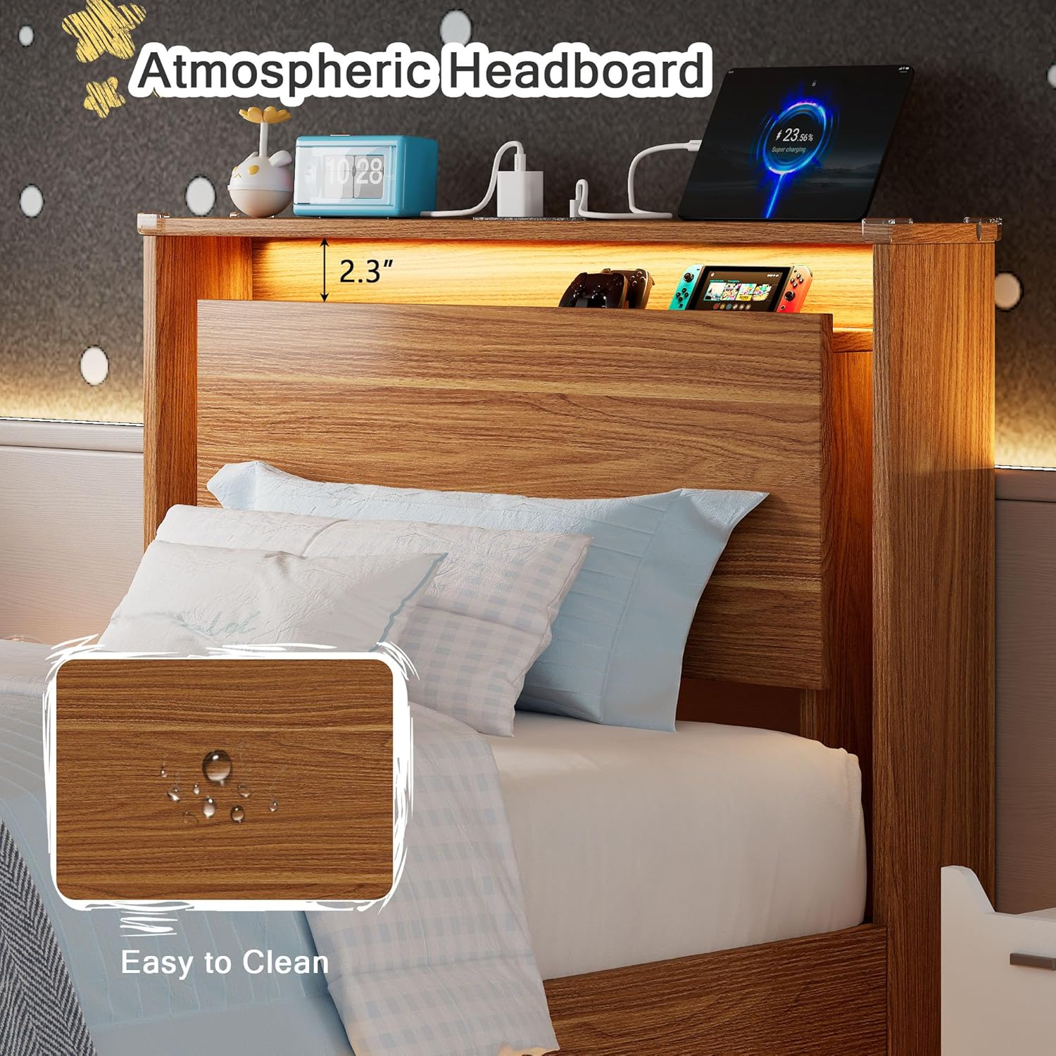 Einhomn Twin Bed Frame with Storage Headboard & LED Lights – Wood Floating Bed Frame with Charging Station, Non-Slip Slat, Kick-Free & Noise-Free Design, Easy Assembly, Walnut