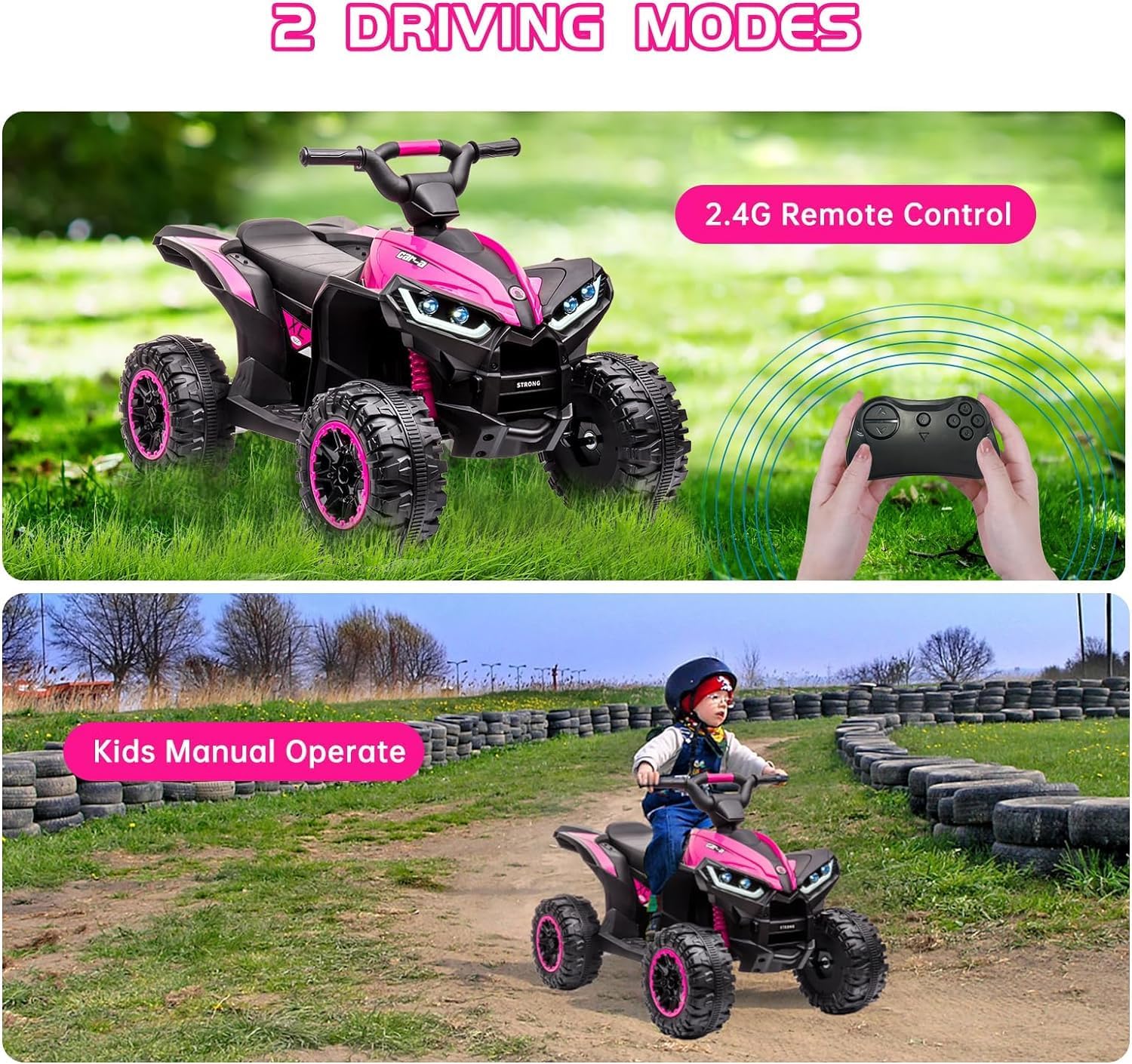 GarveeLife 12V Kids Ride On ATV, 4 Wheeler Electric Vehicle for Kids 3-8 Toddler Battery Powered Toy Car for Boys Girls with Remote Control, LED Lights, Soft Start, Treaded Tires, Music, Pink