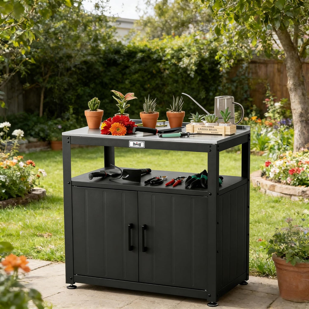 Feasto Heavy-Duty Potting Bench with Storage & Stainless Steel Top | Outdoor Garden Work Table with 200lb Capacity, Adjustable Shelf & Feet, Black