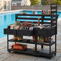 Outdoor Kitchen Island with Stainless Steel Top, 62 in | Fir wood, stainless steel top, raised shelf, modular 2-cart design, lockable wheels, BBQ prep, 62.3 W x 28.6 D x 65 H in