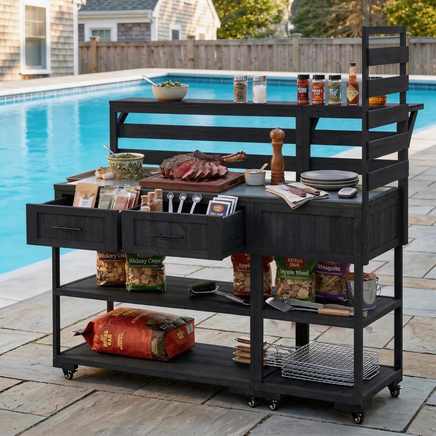 Outdoor Kitchen Island with Stainless Steel Top, 62 in | Fir wood, stainless steel top, raised shelf, modular 2-cart design, lockable wheels, BBQ prep, 62.3 W x 28.6 D x 65 H in