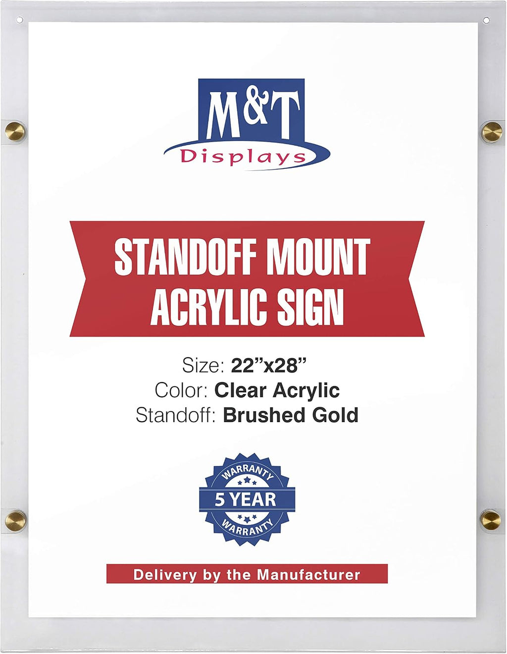M&T Displays Wall Mount Floating Clear Acrylic Frameless Picture Frame with Brushed Gold Standoff Hardware and Magnets for 22x28 inch Sign Poster Photo Document Certificate Diploma or Display