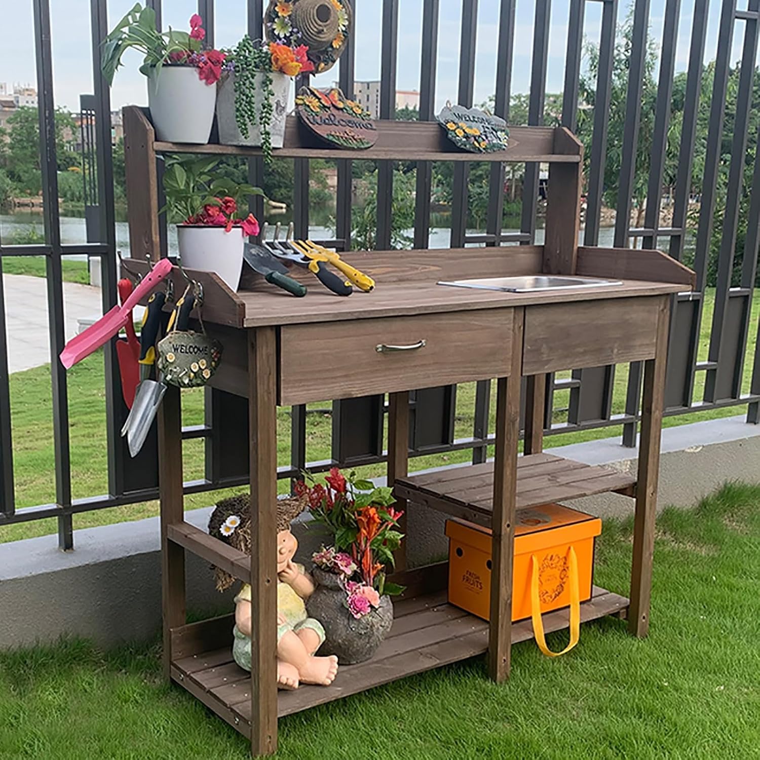 Garden Potting Bench Table, Wooden Workstation Table with Removable Stainless Steel Sink, Open Shelves, All-Weather Garden Table Work Station with Storage Drawers and Side Hooks(Color:Wood)
