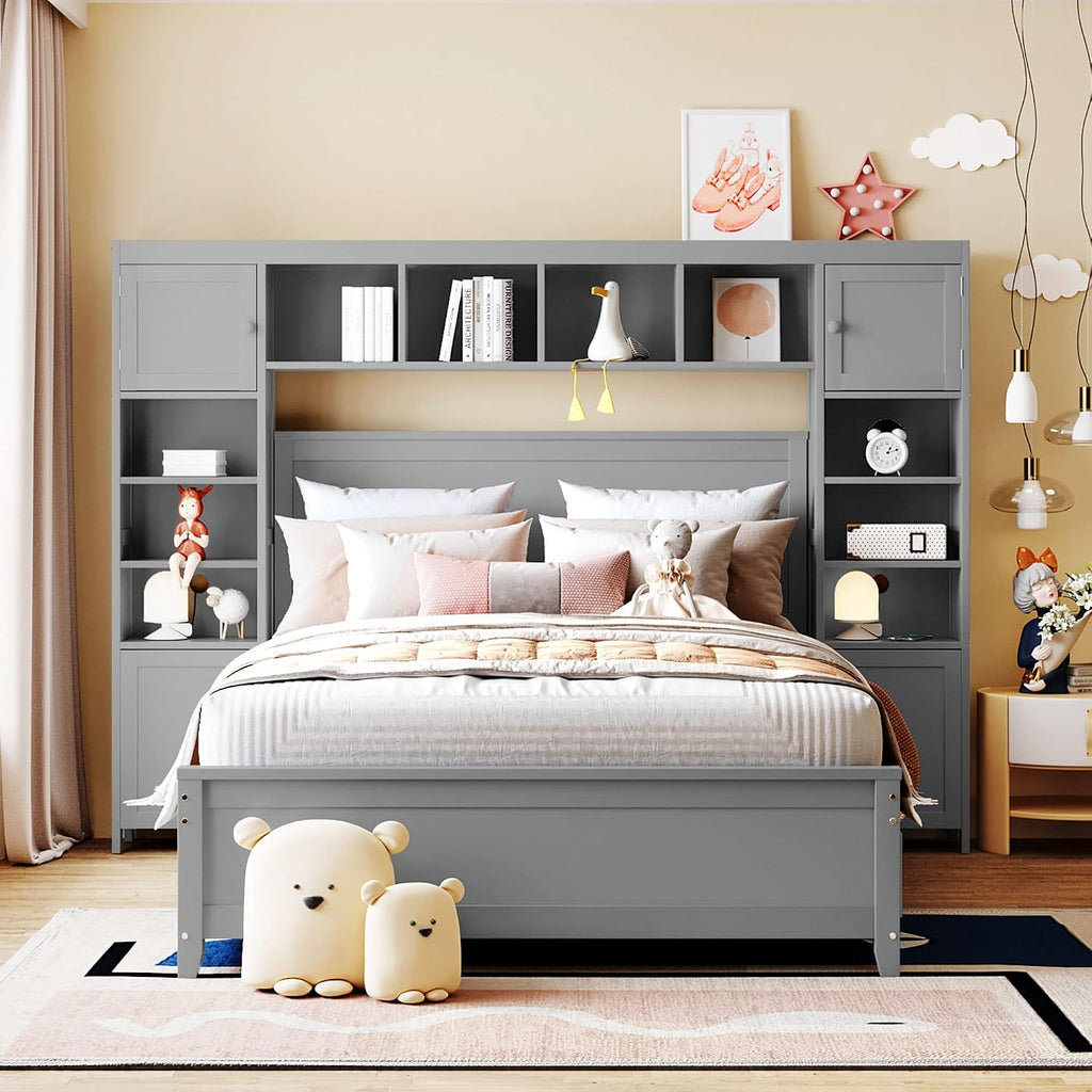 Harper & Bright Designs Full Size Wood Bed Frame with Bookcase Headboard,Open Shelves,4 Drawers and Cabinet,Space Saving Storage Platform Bed for Kids Teens Adults,No Box Spring Needed,Gray