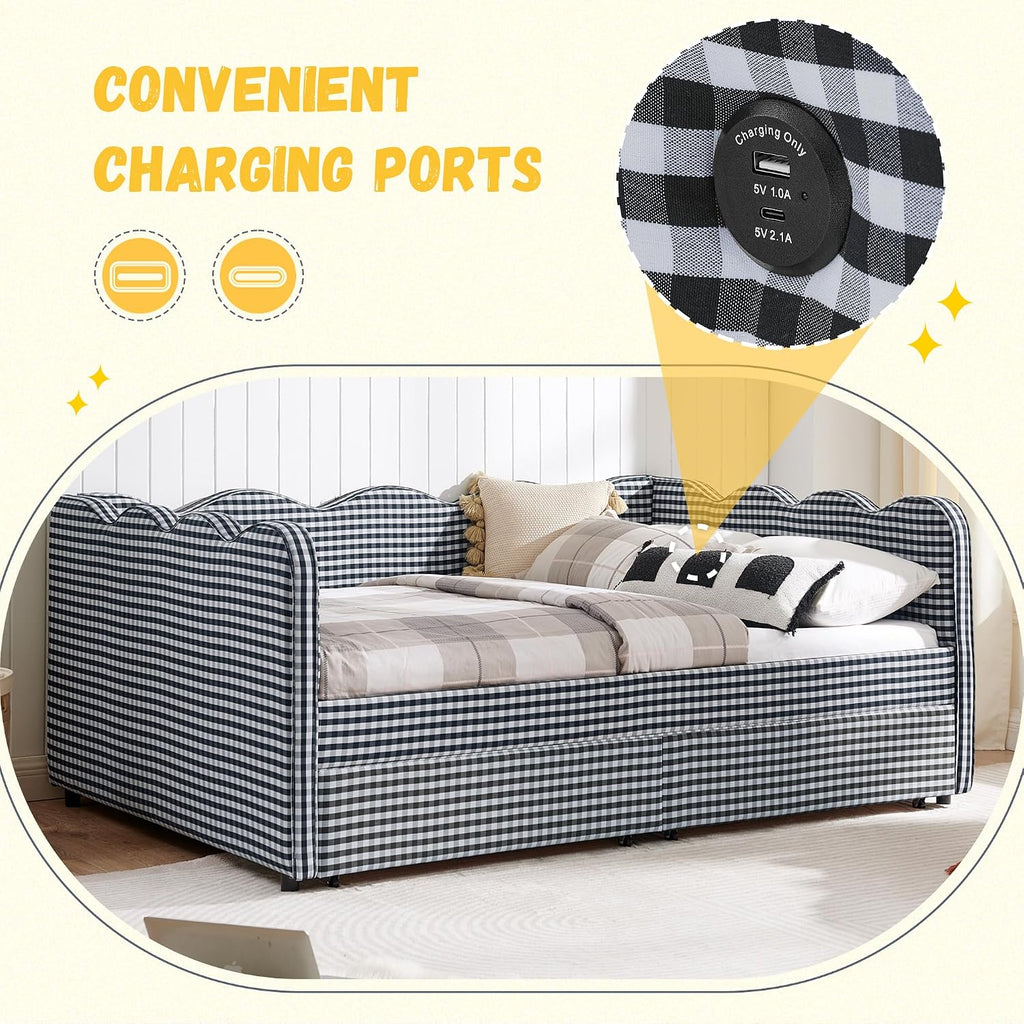 DEINPPA Full Size Upholstered Daybed with 2 Storage Drawers, Gingham Daybed with USB Ports for Bedroom Living Room Guest Room-Navy