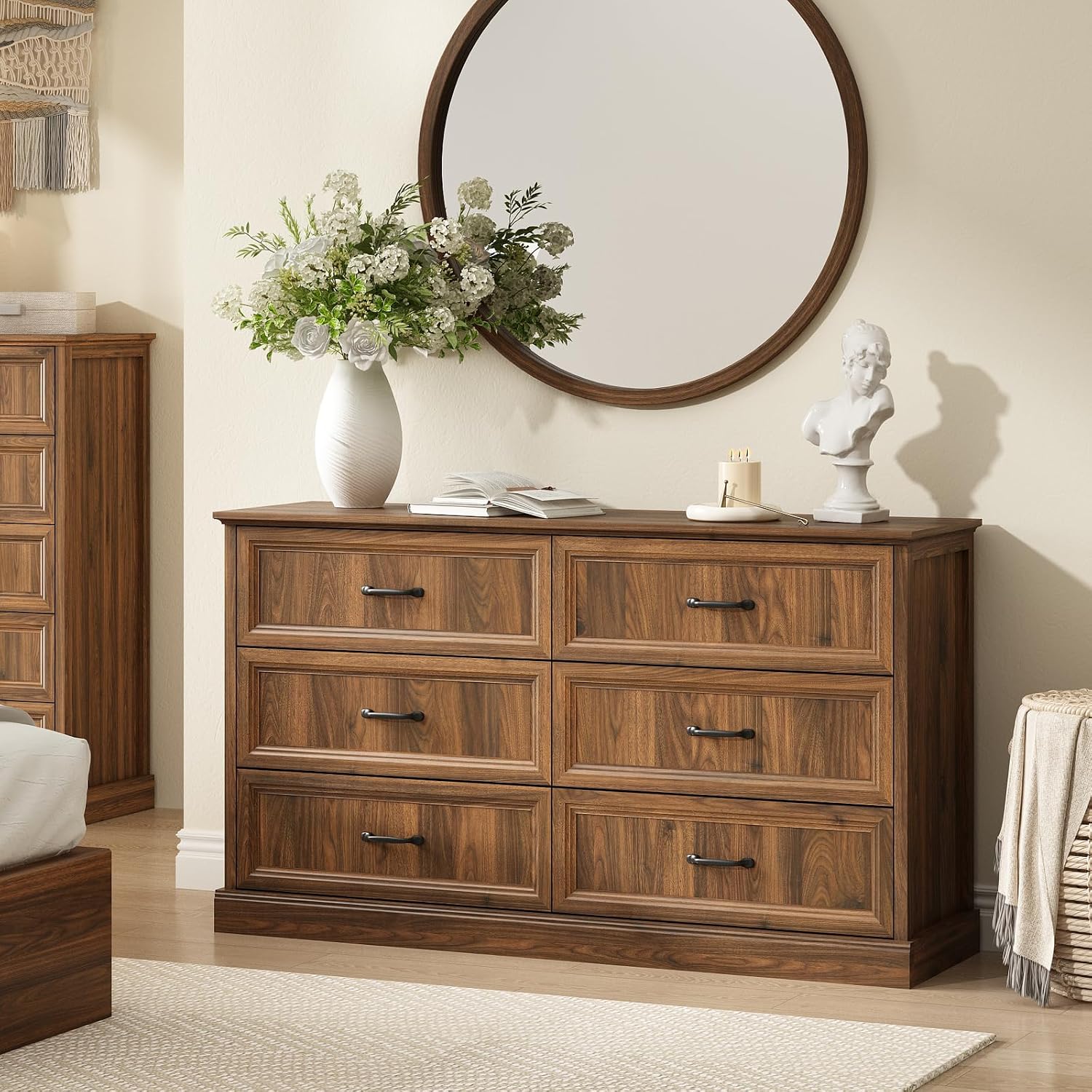 Farmhouse 6 Drawer Dresser for Bedroom, 55 Inch Wide Modern Walnut Dresser TV Stand with Large Drawers & Bar Handles, Rustic Wood Chest of Drawers for Bedroom, Living Room, Hallway, Entryway.