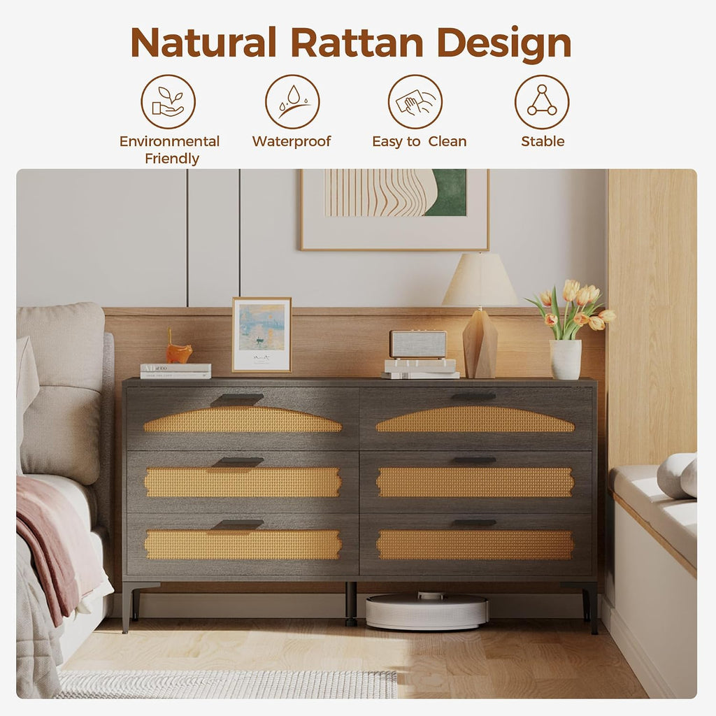 Mericonia 6 Drawer Double Dresser for Bedroom, Wood Rattan Dresser for Closet with Metal Legs, Boho TV Stand with Drawers, Dressers & Chests of Drawers for Bedroom, Hallway and Entryway, Black