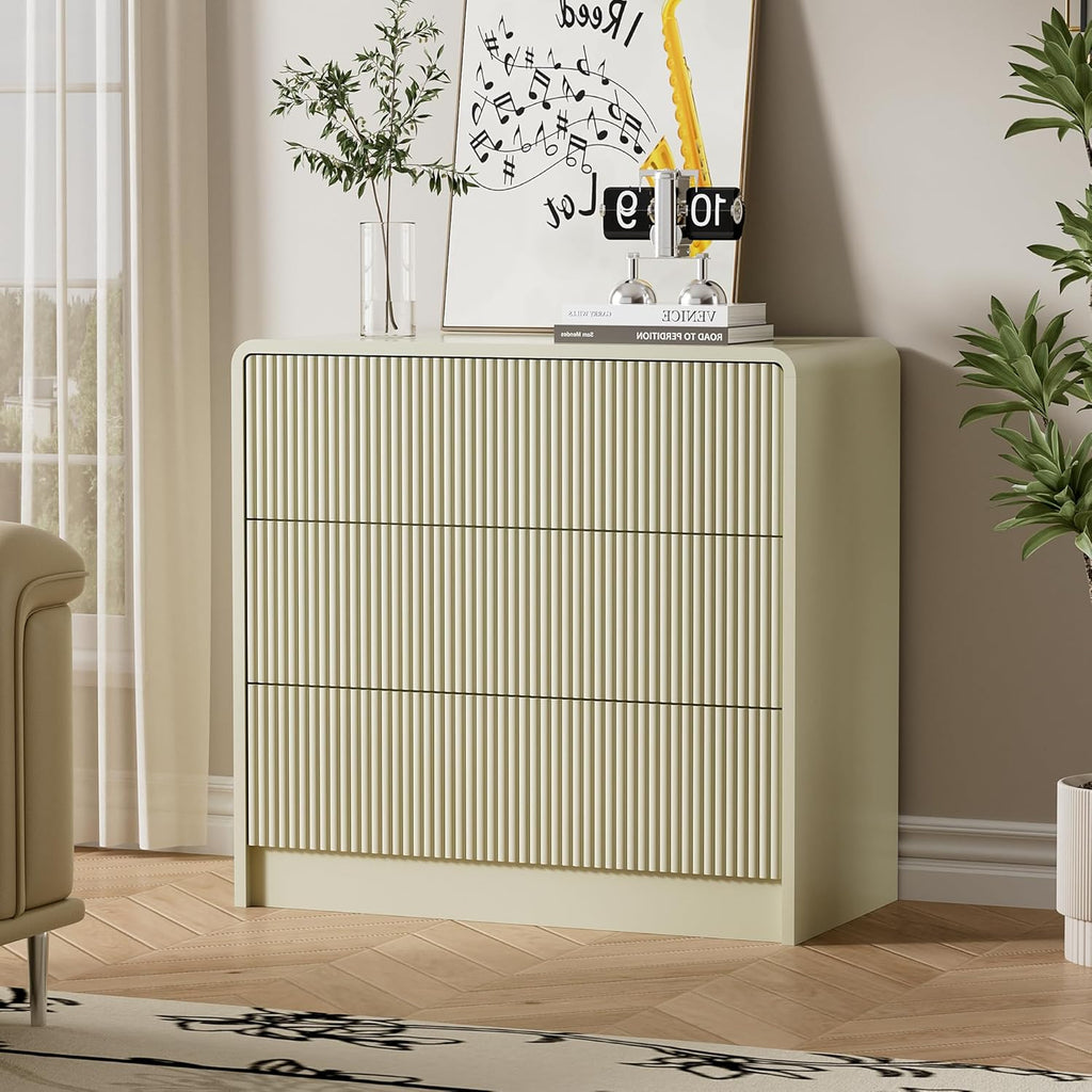 Furniway Beige 3 Drawer Dresser, 32' Wide Wood Chest of Drawers with Curved Design, Modern Fluted Dresser with Push-to-Open Storage for Bedroom