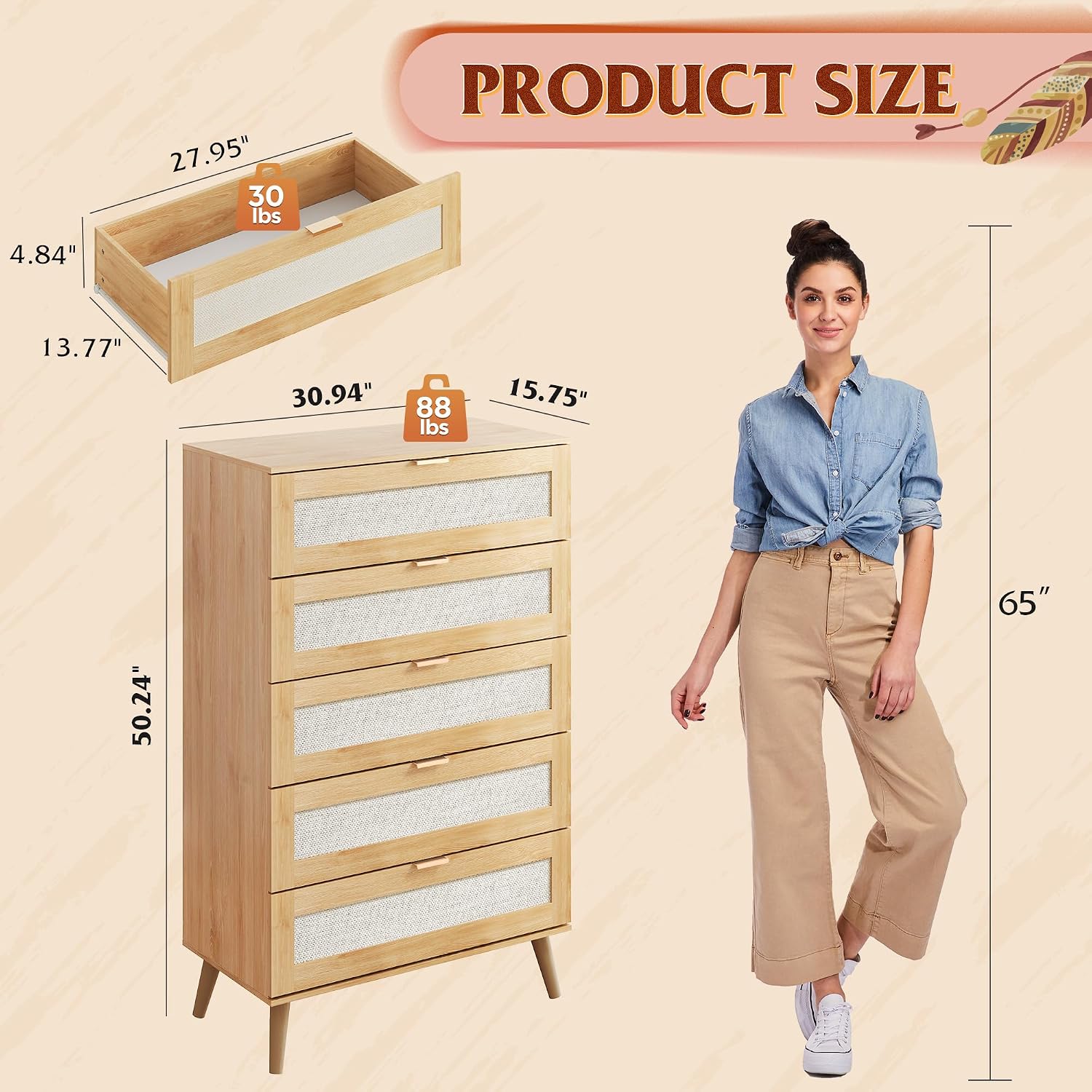 WLIVE Rattan Dresser for Bedroom, 50' Tall 5 Drawer Wooden Chest of Drawers, Boho Dresser Closet Storage Organizer for Living Room, Hallway, Light Oak