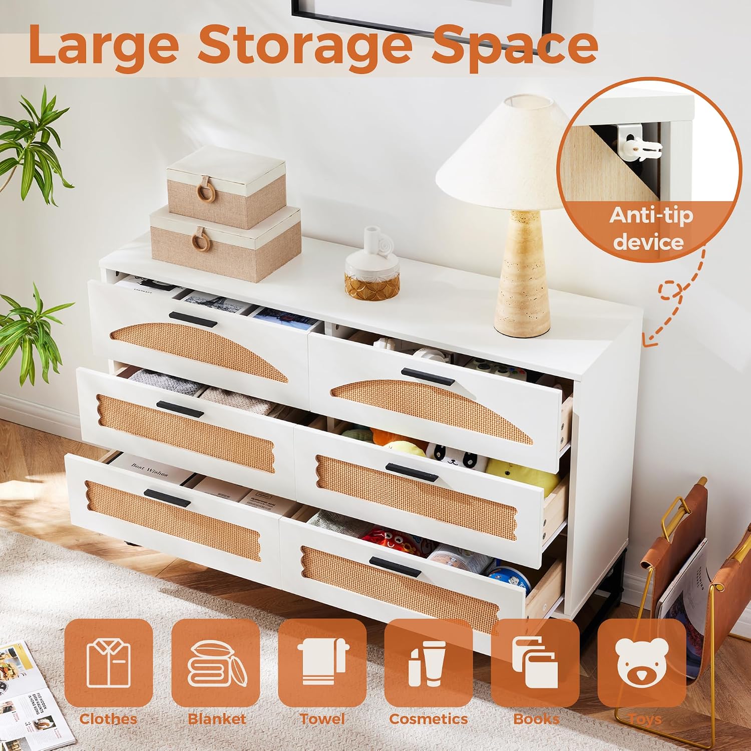 Mericonia 6 Drawer Double Dresser for Bedroom, Rattan Chest of Dressers, Modern Wooden Dresser Chest with Metal Frame for Bedroom, Living Room, Hallway and Entryway, White