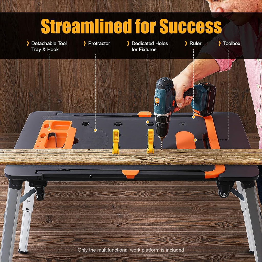 7-in-1 Multifunctional Work Platform Portable Workbench Handcart 551lbs Scaffolding Sawhorse Workbench with Garage Woodworking Adjustable Height Car Creeper Dolly and Hand Truck with 4 Wheels