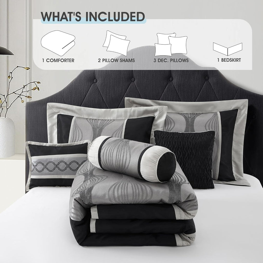 LANCO MODERN LIFESTYLE Queen Comforter Set, Black Silver, 7 Pieces Bed in a Bag, Soft Jacquard with Solid Piecework, Luxury Bed Set with Comforters, Bed Skirt, Pillow Shams and Decorative Pillows