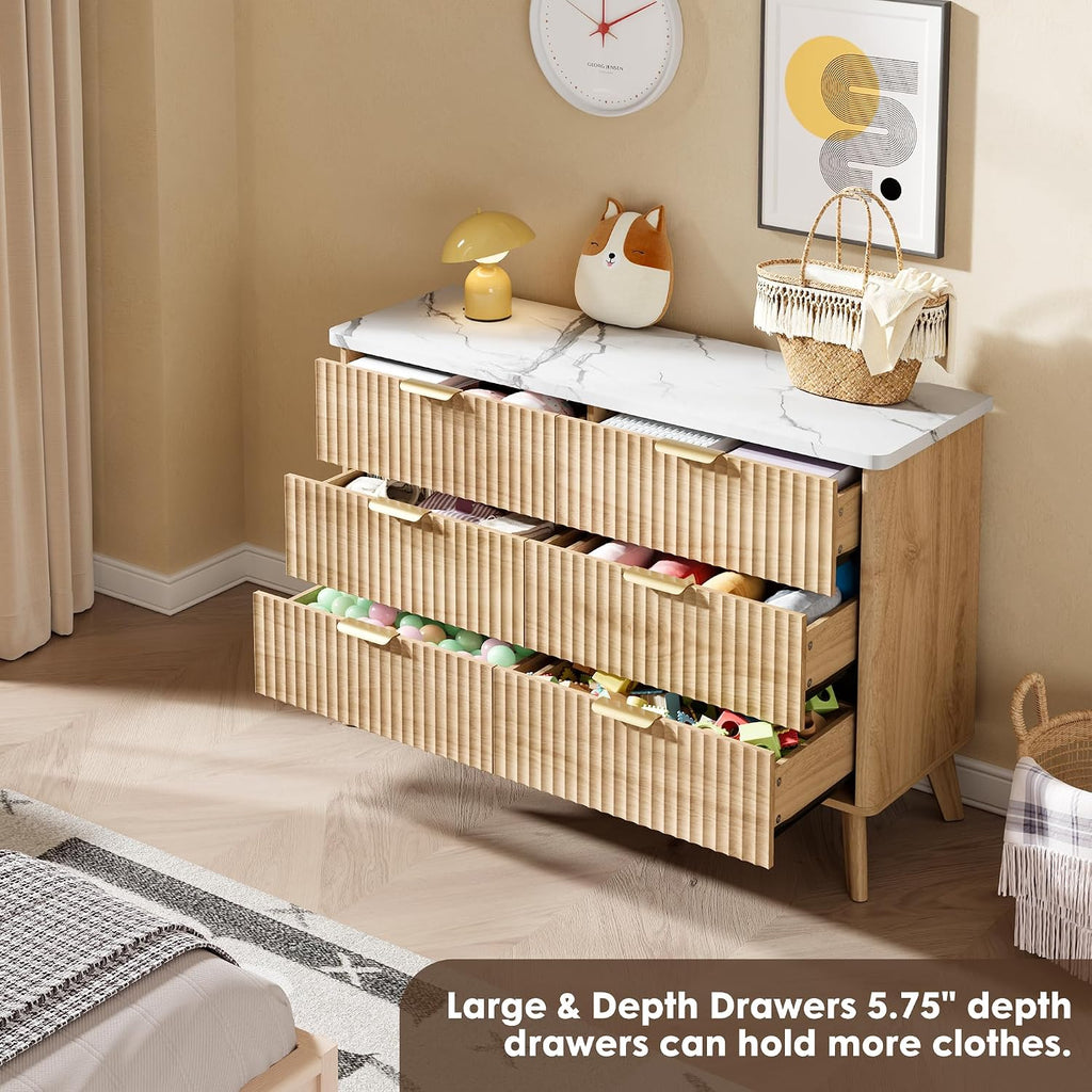 Fluted Dresser for Bedroom with 6 Deep Drawers, 47.2 in Tall Chest of Drawers with Faux Marble Top, Curved Profile Design, Modern Wooden Dresser, for Living Room, Kids Room, Hallway, Natural Oak