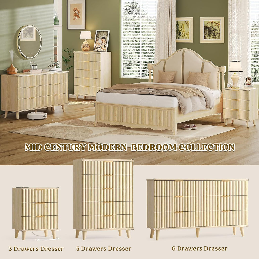 Lulive Wood 3 Drawers Dresser Fluted Night Stand with Charging Station, Storage Nightstand Modern Side Table, Bedside Table for Bedroom, Entryway Natural