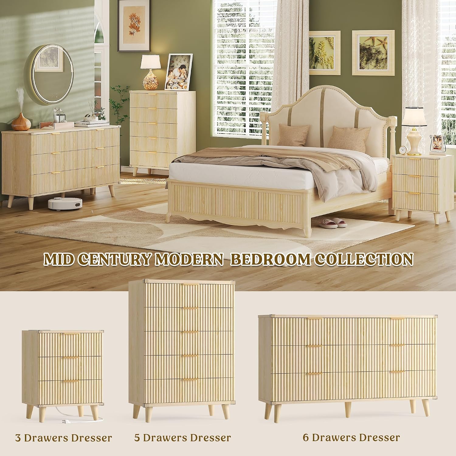 Lulive Wood 3 Drawers Dresser Fluted Night Stand with Charging Station, Storage Nightstand Modern Side Table, Bedside Table for Bedroom, Entryway Natural