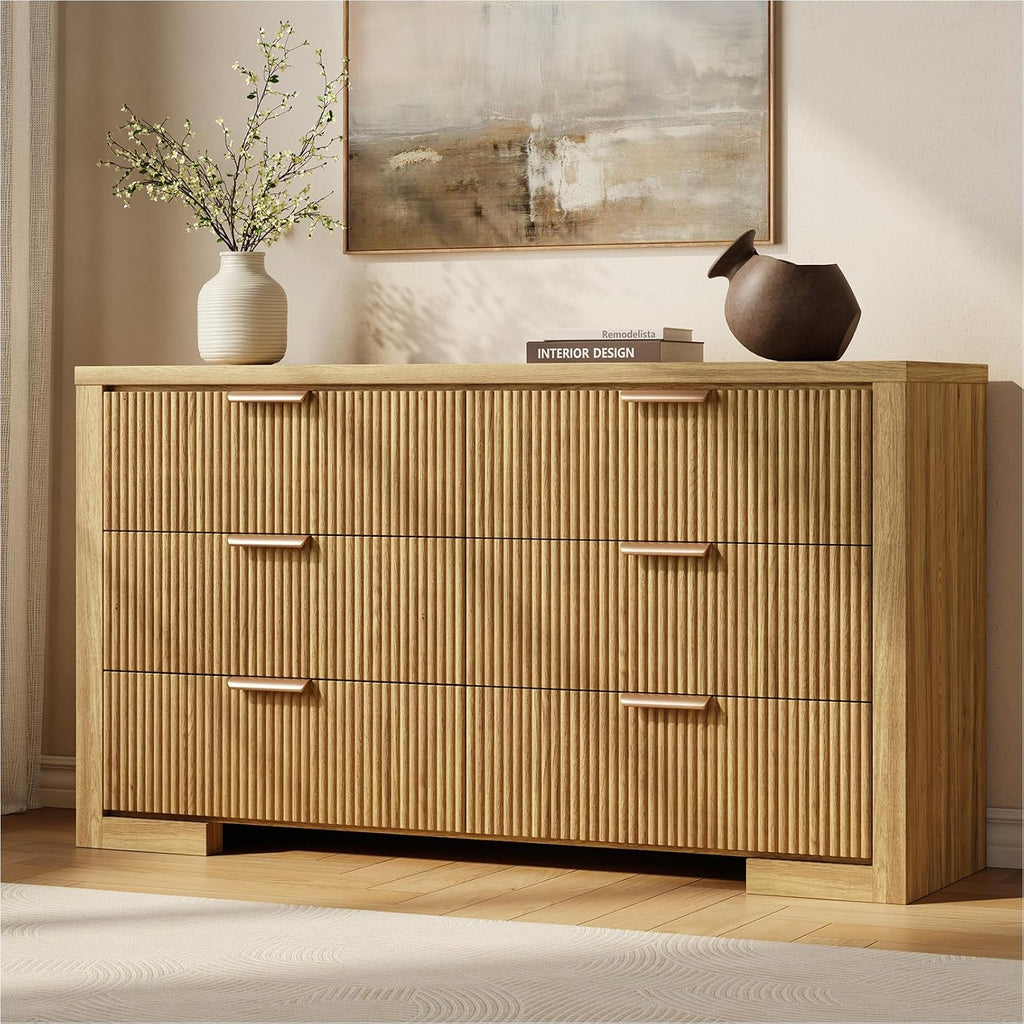 Fluted 6 Drawers Dresser for Bedroom, 54' Modern Chest of Drawers with Metal Handle, Wood Closet Clothes Storage Organizer for Living Room, Hallway, Entryway, Natural Oak