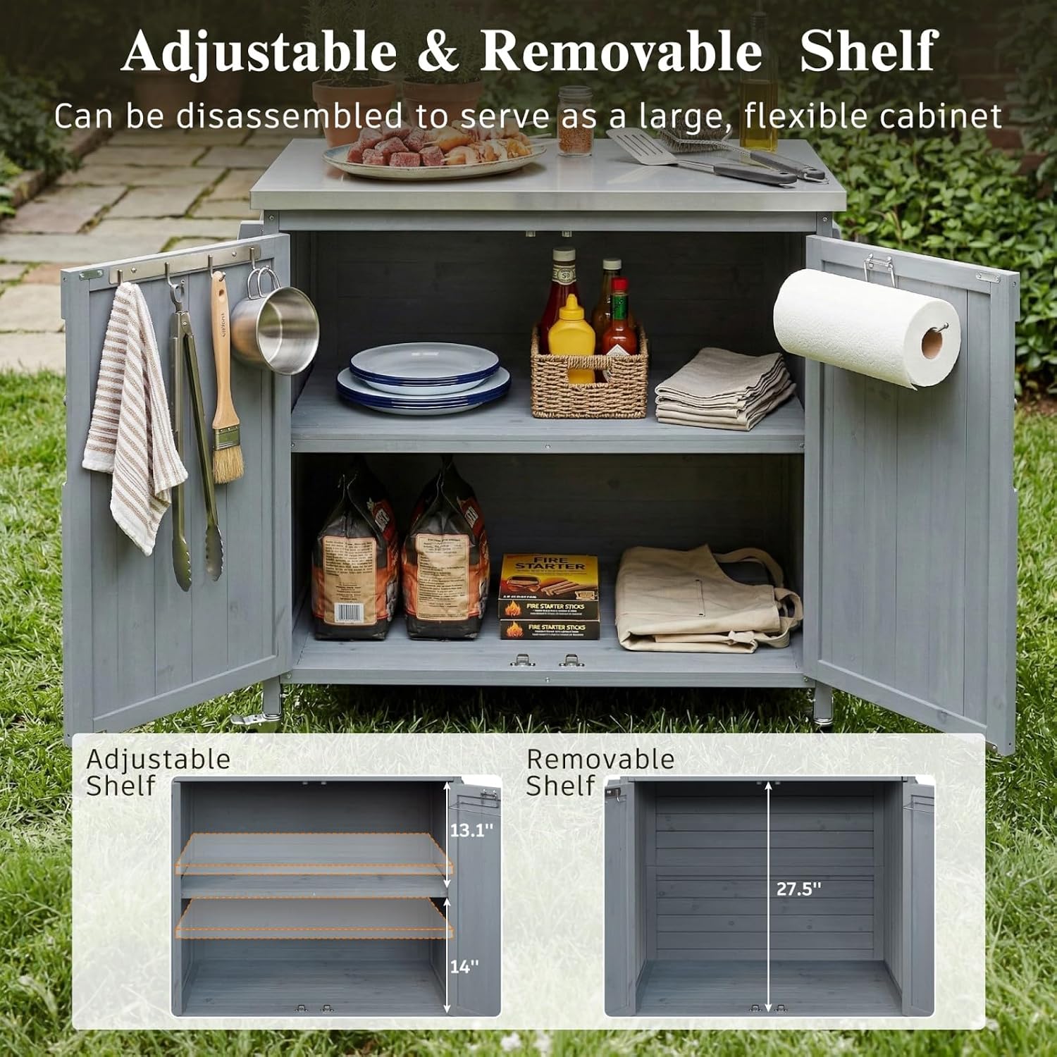 42.1' Outdoor Grill Cart with Storage, Small Kitchen Island with Stainless Steel Top, Side Shelf & Adjustable Shelf, Mobile Bar Cart with Storage and Locking Wheels (Grey+Blue)