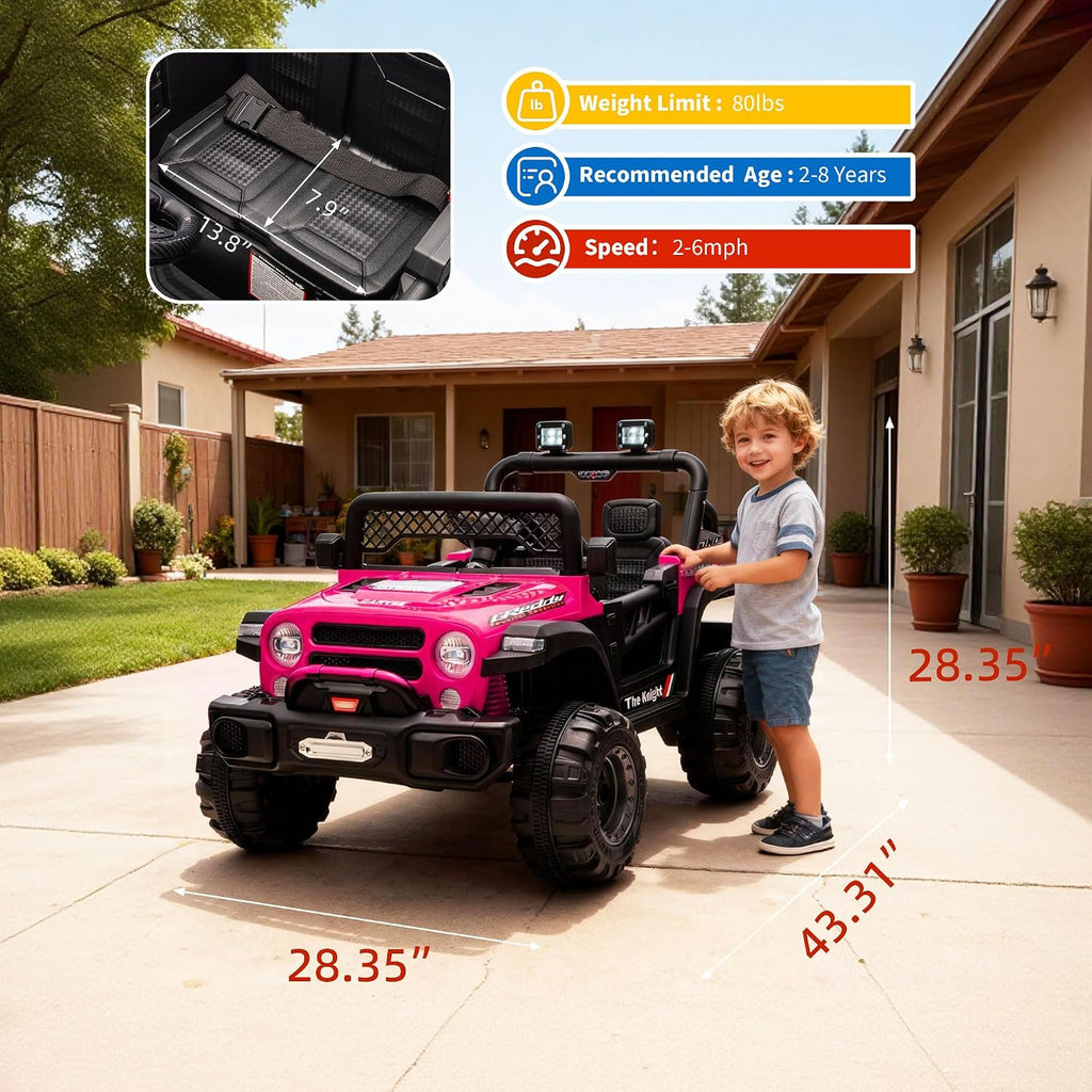 12V Ride on Truck，Kids Electric Car with Parent Remote Control| Features 3 Speeds Up to 6MPH, 2 * 550w Moto, Safty Belt，Spring Suspension, LED Lights, Music for Children Aged 2-8 Years（Rosy