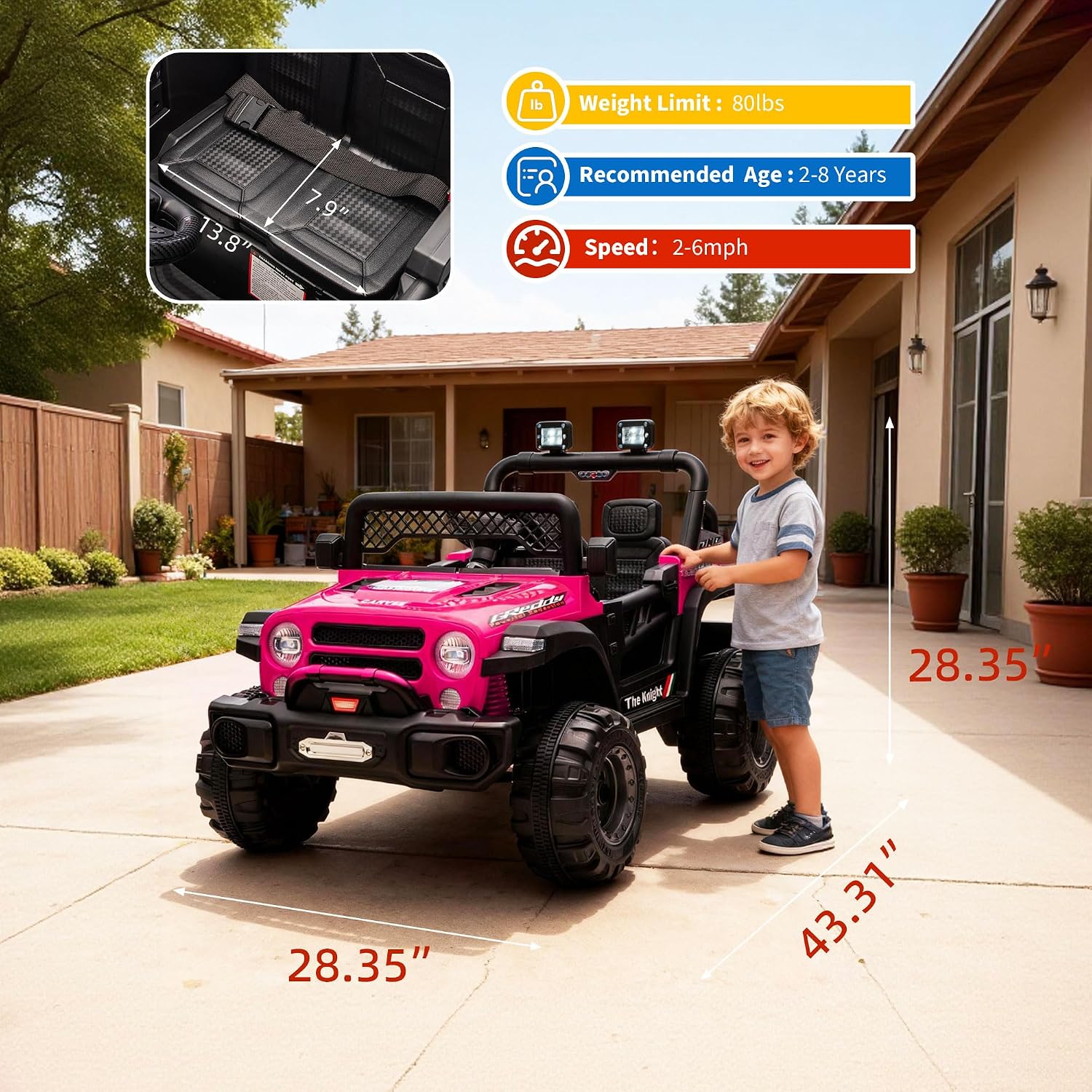 12V Ride on Truck，Kids Electric Car with Parent Remote Control| Features 3 Speeds Up to 6MPH, 2 * 550w Moto, Safty Belt，Spring Suspension, LED Lights, Music for Children Aged 2-8 Years（Rosy