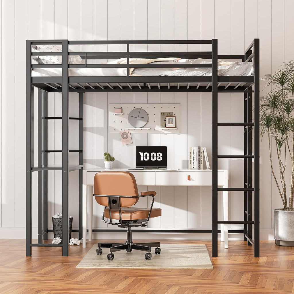 Shintenchi Loft Bed Twin Size with Desk and Storage Shelves, Frame with 2 Side Ladders for Kids, Teens Adults, Spcace-Saving Noise-Free and Anti-tilt Design, Black