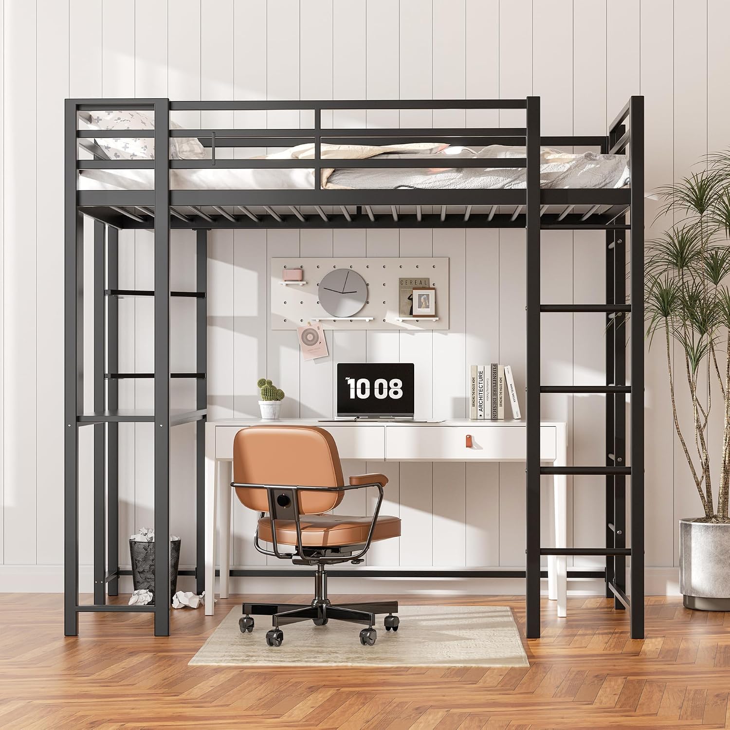 Shintenchi Loft Bed Twin Size with Desk and Storage Shelves, Frame with 2 Side Ladders for Kids, Teens Adults, Spcace-Saving Noise-Free and Anti-tilt Design, Black