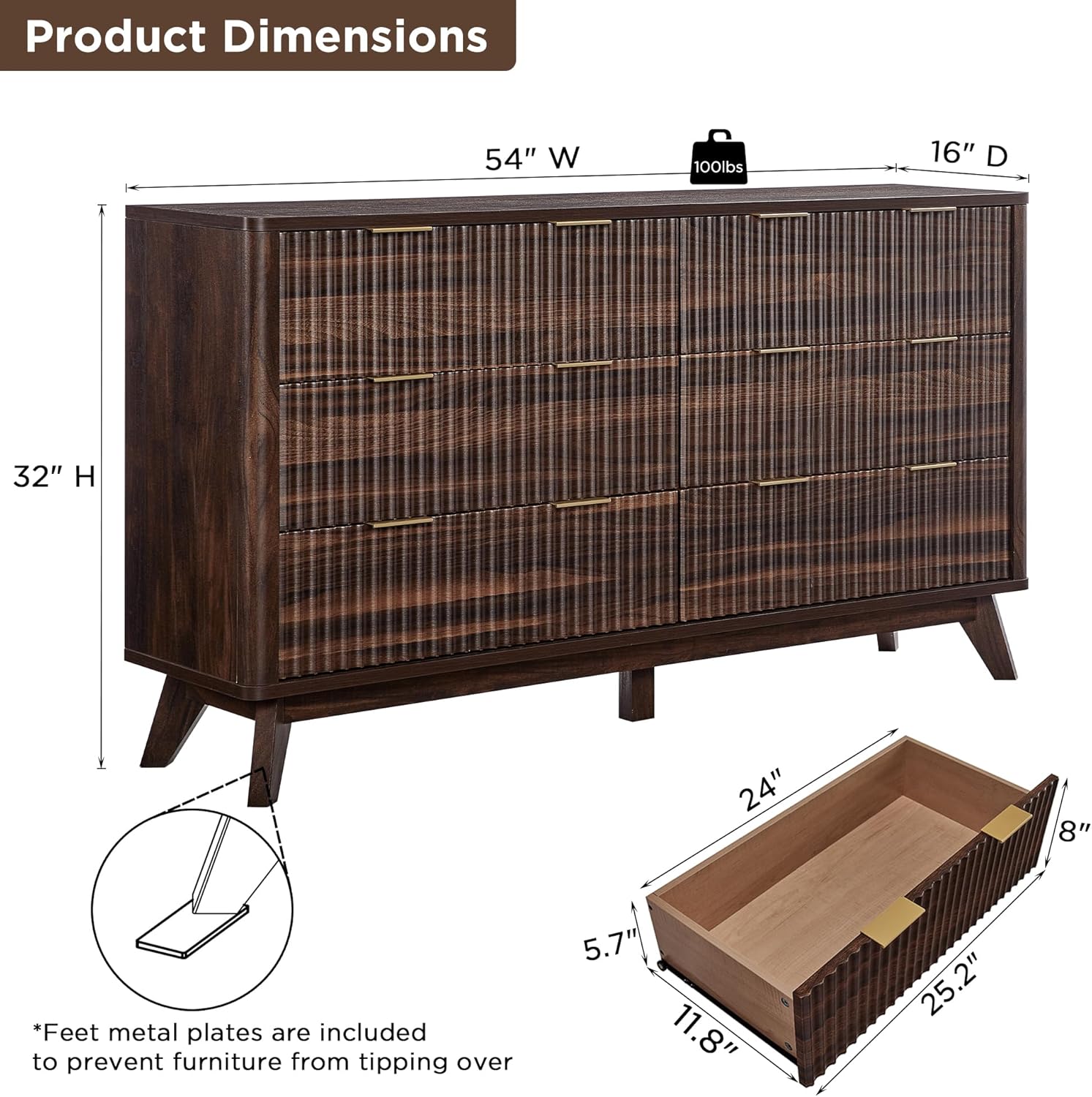 T4TREAM Fluted 6 Drawers Dresser, 54' Wide Modern Chest of Drawers, Curved Profile Design, Dresser TV Stand, Wood Drawer Organizer for Bedroom, Living Room, Hallway, Dark Walnut