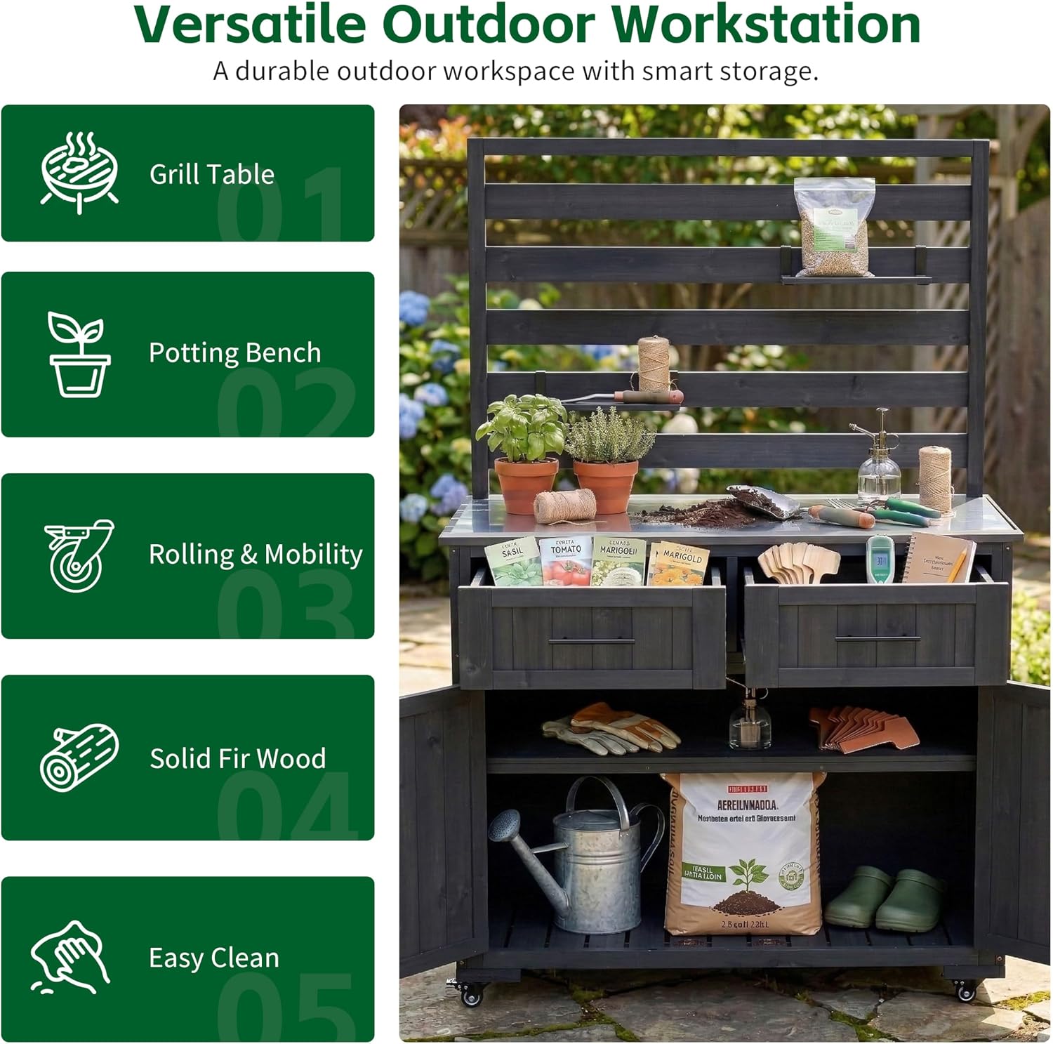 Solid Wood Grill Prep BBQ Table,Garden Potting Bench with Stainless Table Top,3 Movable Shelves and 2 Drawers (Black-LP)