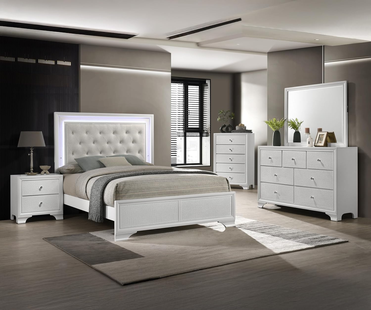 6pc Modern Crisp White Textured Finish Tufted Headboard Integrated LED Lighting Full Size Bed Set Bedroom Furniture