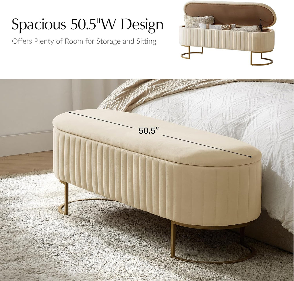 EcoHarbor Living 50.5' Storage Bench Hallway Ottoman,Upholstered End of Bed Bench Velvet with Gold Legs,Flipping Lid Entryway Footrest