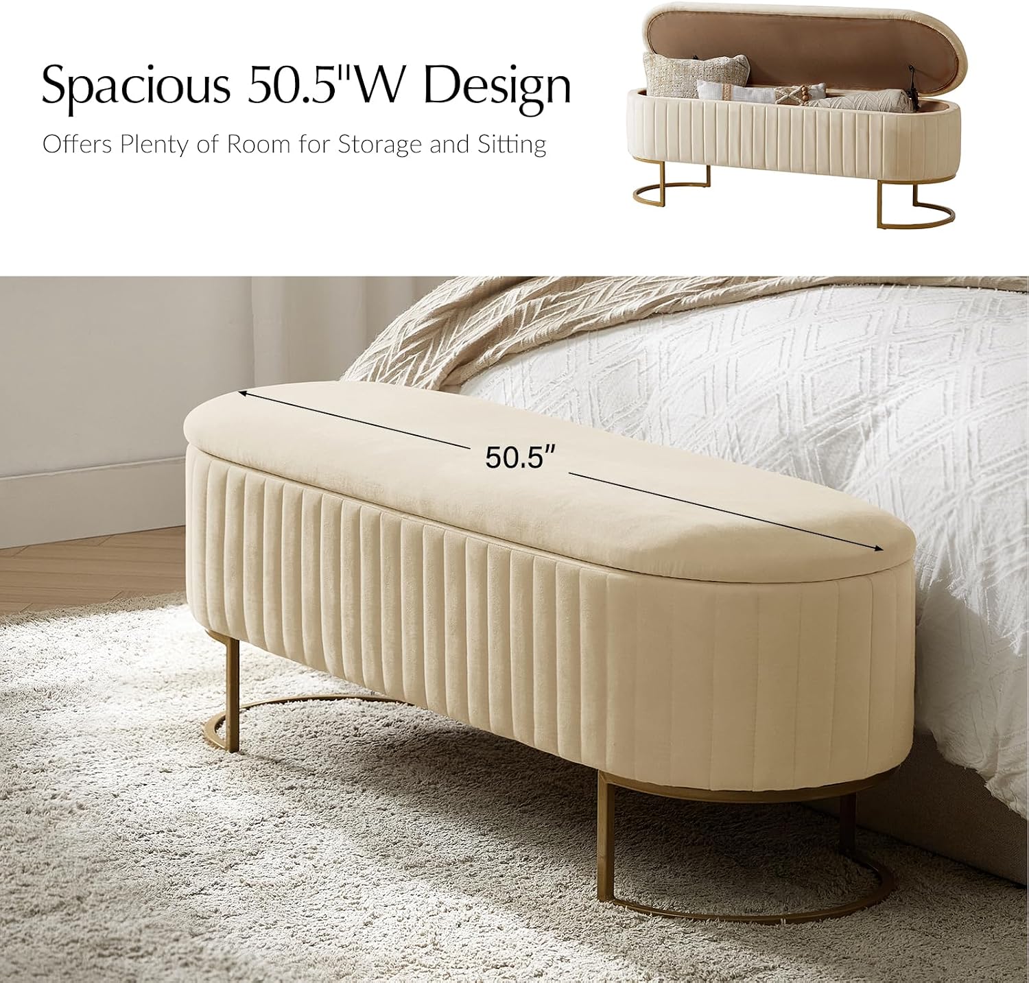 EcoHarbor Living 50.5' Storage Bench Hallway Ottoman,Upholstered End of Bed Bench Velvet with Gold Legs,Flipping Lid Entryway Footrest