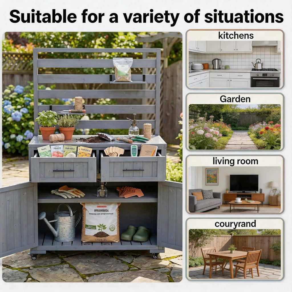 Outdoor Potting Bench with Storage Shelf and Cabinet, 65 in | Fir wood, 3-tier shelves, storage compartments, enclosed cabinet, anti-fall devices, garden, 47.2 W x 22.8 D x 65 H in