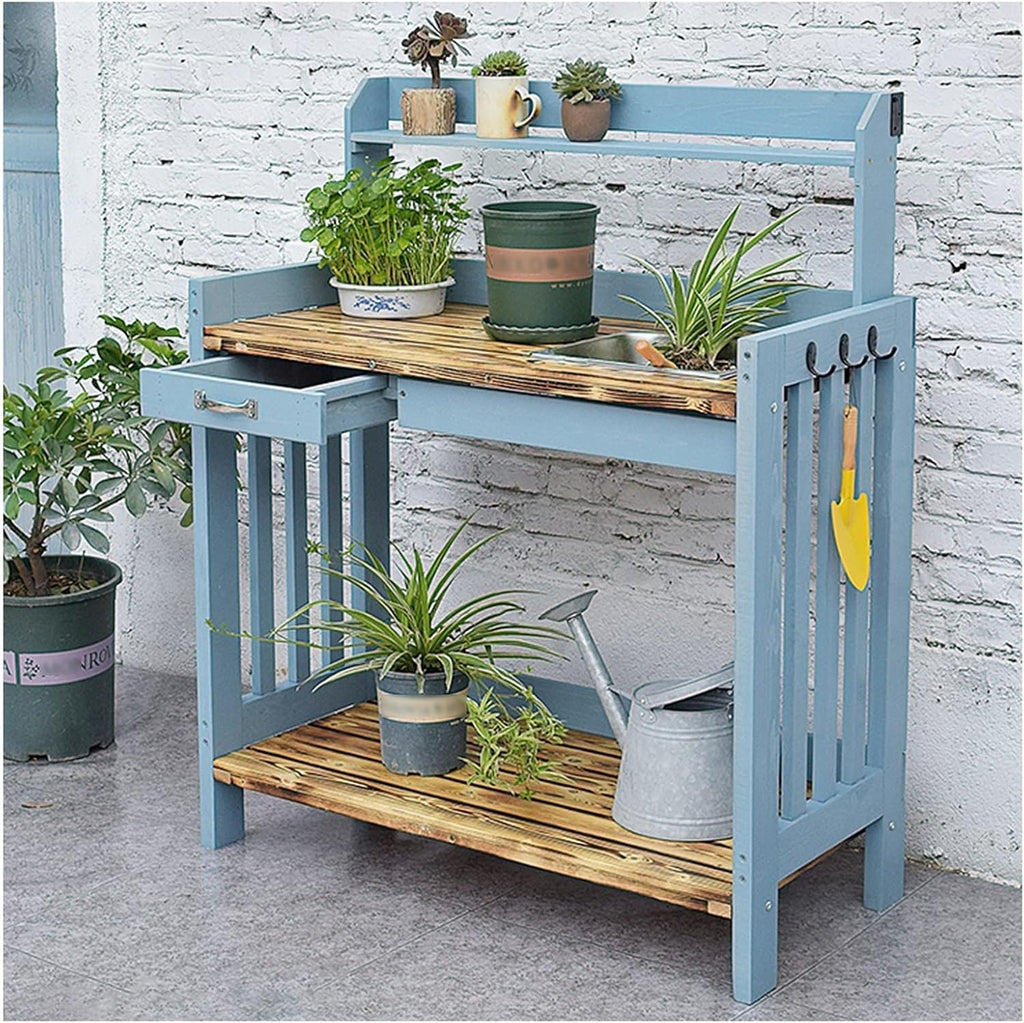 Outdoor Sink Station Open Shelves with Hooks, Removable Sink & Drawer Gardening Bench Potting Table (Blue 100x45x119cm)