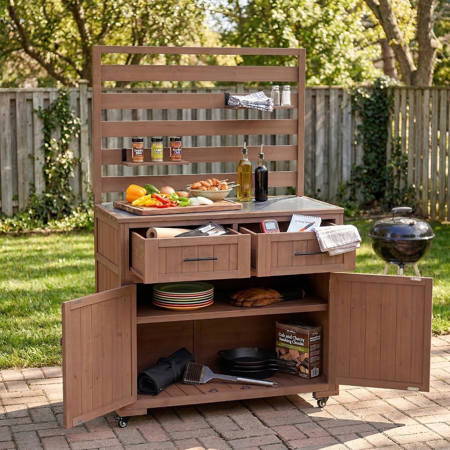 Large Potting Bench Table with Stainless Table Top, Mobile Garden Workstation on Wheels with 3 Movable Shelves and 2 Drawers (Brown)
